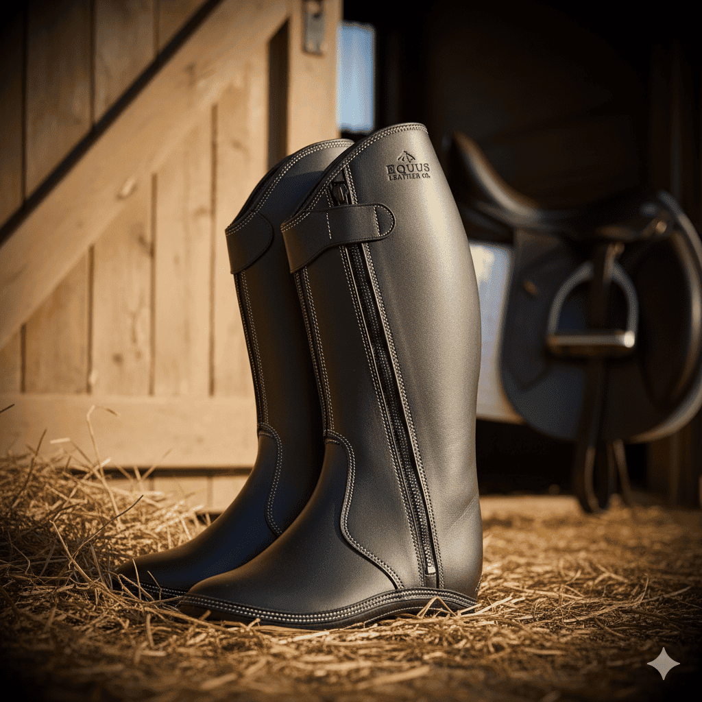 Premium black leather half chaps for riding horses displayed in natural light — durable and elegant equestrian gear.