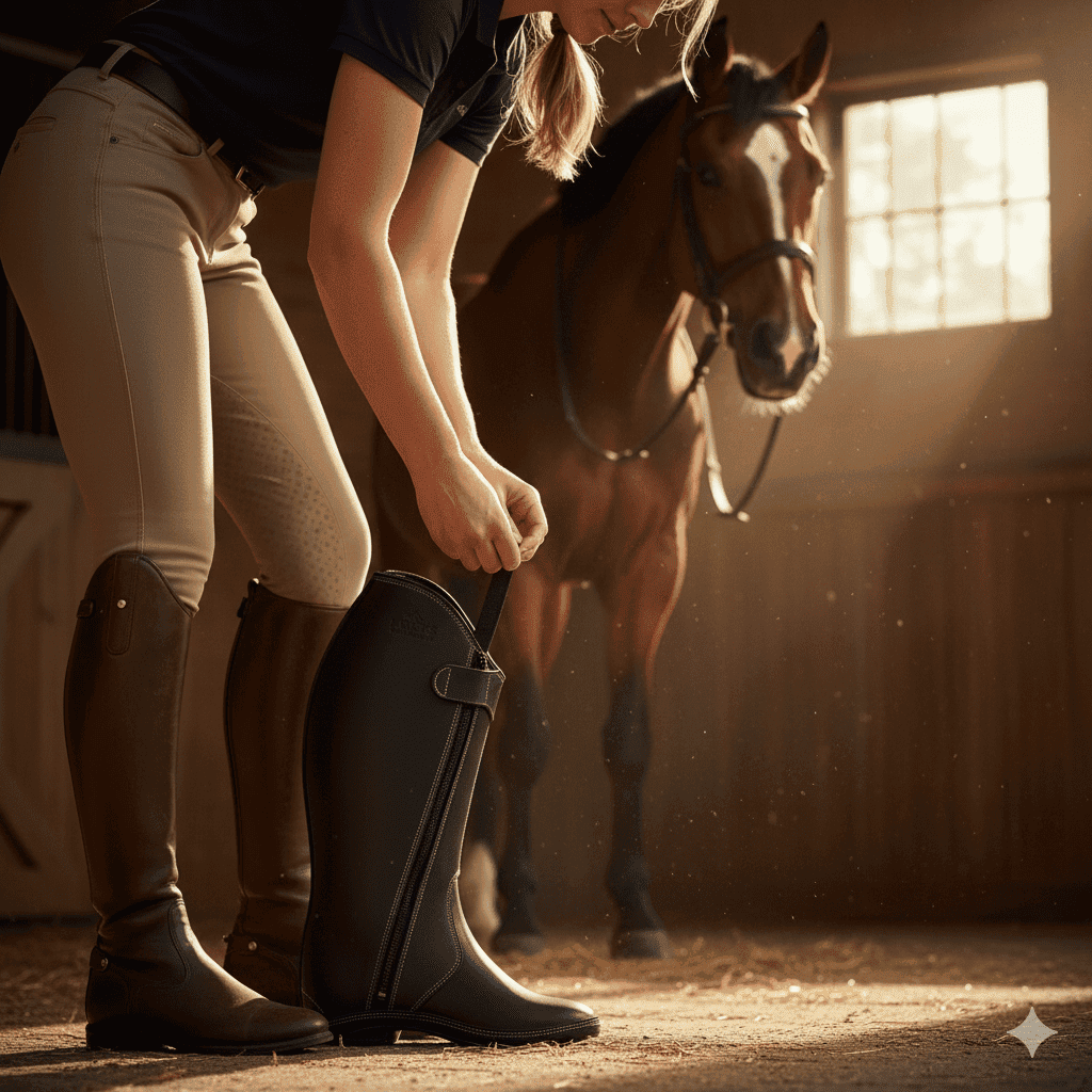 Rider adjusting half chaps for riding horses before mounting — showing proper fit and comfort.