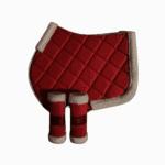 Festive red equestrian gear set with quilted saddle pad, girth cover, and leg wraps