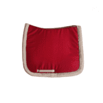 Red Christmas saddle pad with white fleece trim and glitter accents for horses