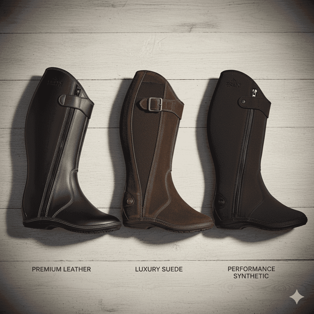 Leather, suede, and synthetic half chaps for riding horses side by side — material and style comparison.