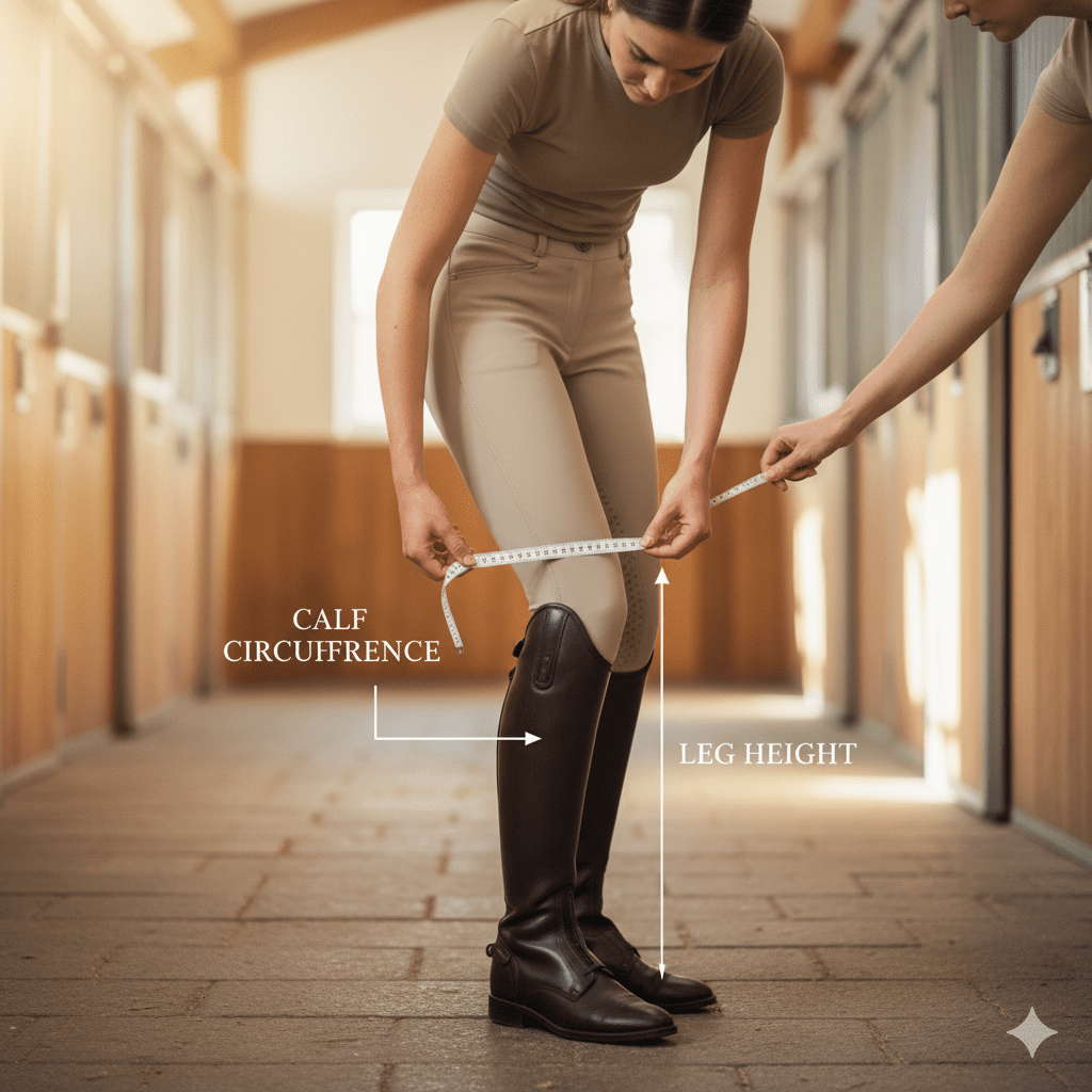 Rider measuring leg and calf to find correct size of half chaps for riding horses — size and fit guide.
