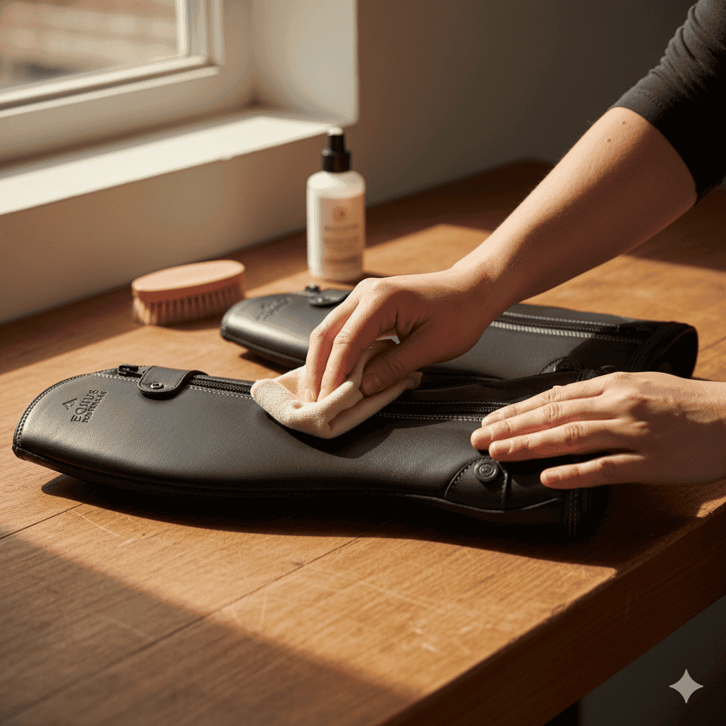 Person cleaning and conditioning leather half chaps for riding horses using a soft cloth — gear care and maintenance.
