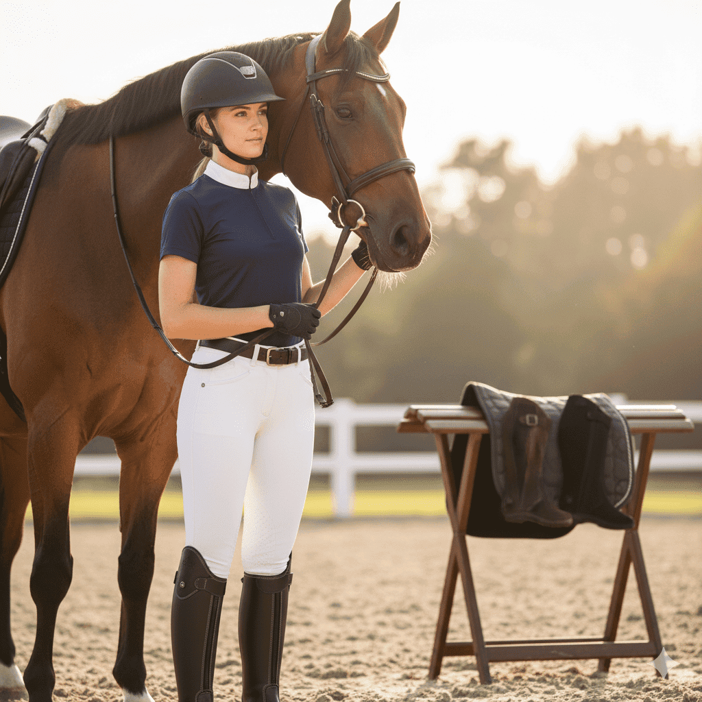 Equestrian rider wearing premium half chaps for riding horses, standing beside horse — best gear recommendations.