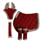 Red Christmas saddle pad set with white fleece trim and matching ear bonnet for horses
