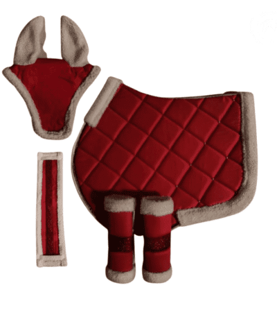 Red Christmas saddle pad set with white fleece trim and matching ear bonnet for horses
