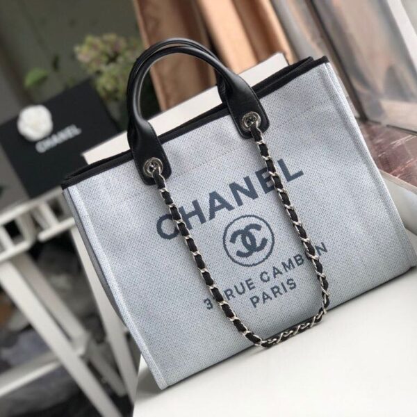 Chanel Deauville Tote 38cm Raffia Canvas Bag Fall/Winter Collection Light Blue/Black