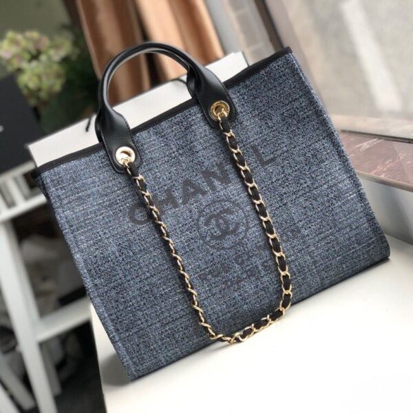 Chanel Deauville Tote 38cm Raffia Canvas Bag Fall/Winter Collection Dark Denim Blue/Black