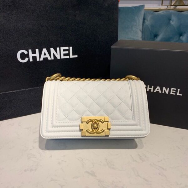 Chanel Quilted Boy Bag 20cm Caviar Leather Antique Gold Hardware Fall/Winter Act 1 Collection White