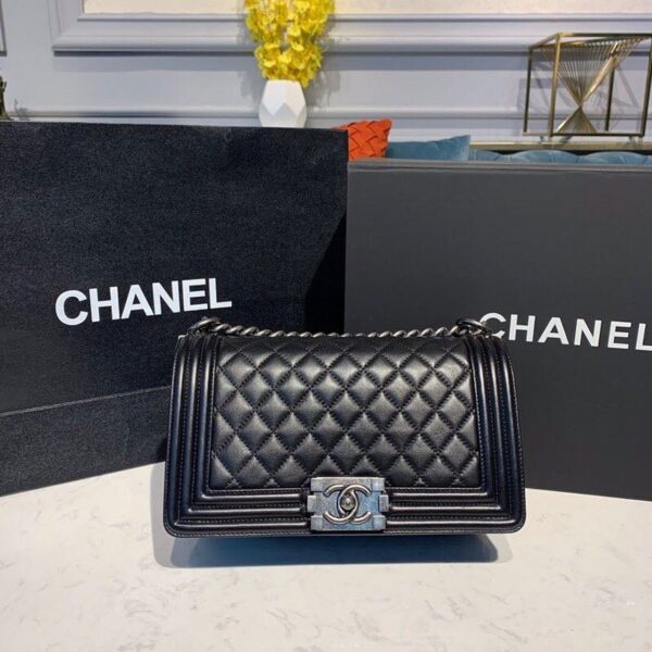 Chanel Quilted Boy Bag 25cm Lambskin Leather Antique Silver Hardware Fall/Winter Act 1 Collection Black