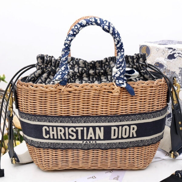 Christian Dior Blue Wicker Bucket Bag 28cm