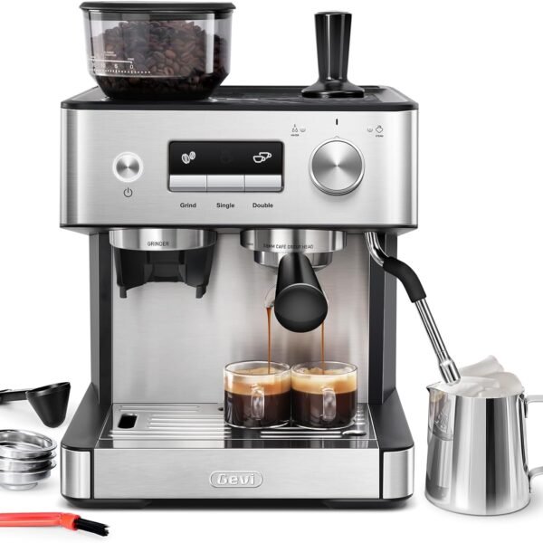 Semi-Automatic Espresso Maker with Grinder and Steam Wand, 20 Bar