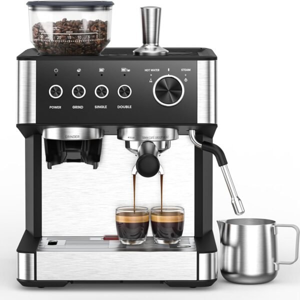 Espresso Machine with Built-In Grinder and Steam Wand, 20 Bar, Charcoal