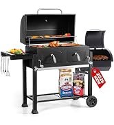 30 Inch Barrel Charcoal Grill and Offset Smoker, 1015 sq. in. Cooking Area Outdoor BBQ Grill, Per...
