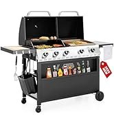 5 Burner Griddle Grill Combo, 2 in 1 Propane Gas BBQ Grill with Porcelain-Enameled Cast Iron Grat...