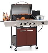 GREEN PARTY 4 Burner BBQ Propane Gas Grill with Side Burner & Porcelain-Enameled Cast Iron Grates...
