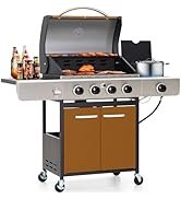 GREEN PARTY 4 Burner BBQ Propane Gas Grill with Side Burner & Porcelain-Enameled Cast Iron Grates...
