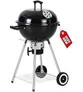 GREEN PARTY 18 inch Kettle Charcoal BBQ Grill with Wheels, Portable Charcoal Grill with Porcelain...