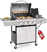 GREEN PARTY 4 Burner BBQ Propane Gas Grill with Side Burner & Porcelain-Enameled Cast Iron Grates...