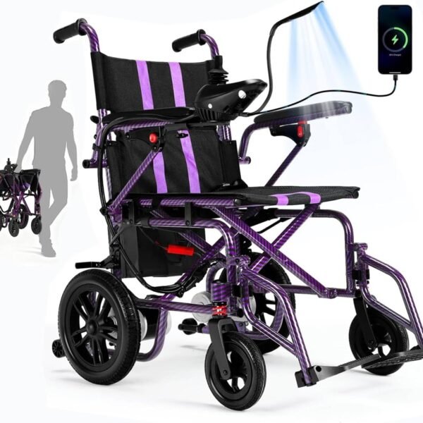 Electric Wheelchairs for Adults，Lightweight Foldable Wheelchair 15 Miles Long Travel Range, 360° Joystick Control Motorized Wheelchair, Support 286 lbs with LED Light Power Wheelchair (Purple)