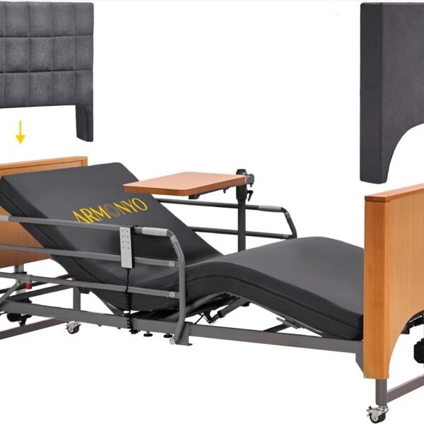 Electric Hospital Bed for Home Use – 5 Functions, Advanced German LIMOSS Motor, Ultra-Low 8.5"–25" Adjustable Height, Double Solid Wood Panels with Medical Overbed Table & Foldable Rails