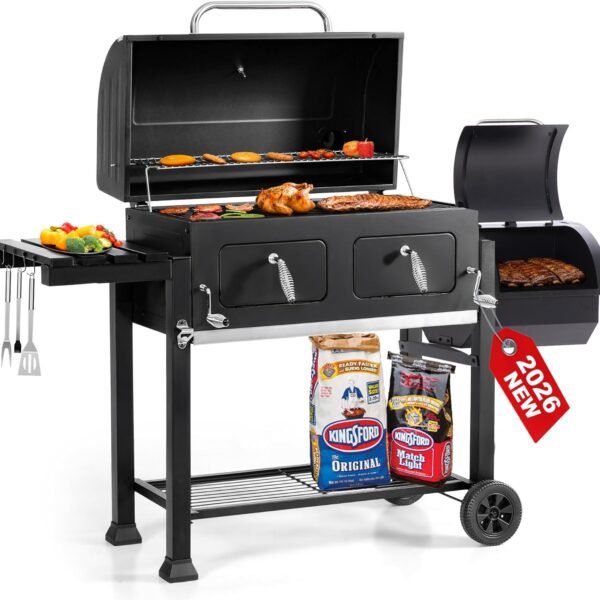 30 Inch Barrel Charcoal Grill and Offset Smoker, 1015 sq. in. Cooking Area Outdoor BBQ Grill, Perfect for Outdoor Cooking Barbecue Patio Garden Backyard Party
