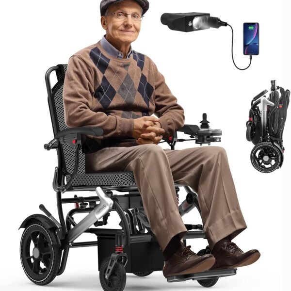 Electric Wheelchairs for Adults Foldable 36LBS Lightweight Frame Airline Approval,15 Miles Range, Max Support 350 LBS, 500W Brushless Motors with LED Light-Silver Color