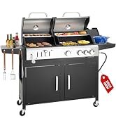 3 Burner Propane Gas and Charcoal Grill Combo with Side Burner & Porcelain-Enameled Cast Iron Gra...