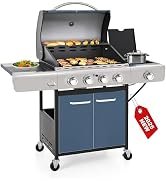 GREEN PARTY 4 Burner BBQ Propane Gas Grill with Side Burner & Porcelain-Enameled Cast Iron Grates...