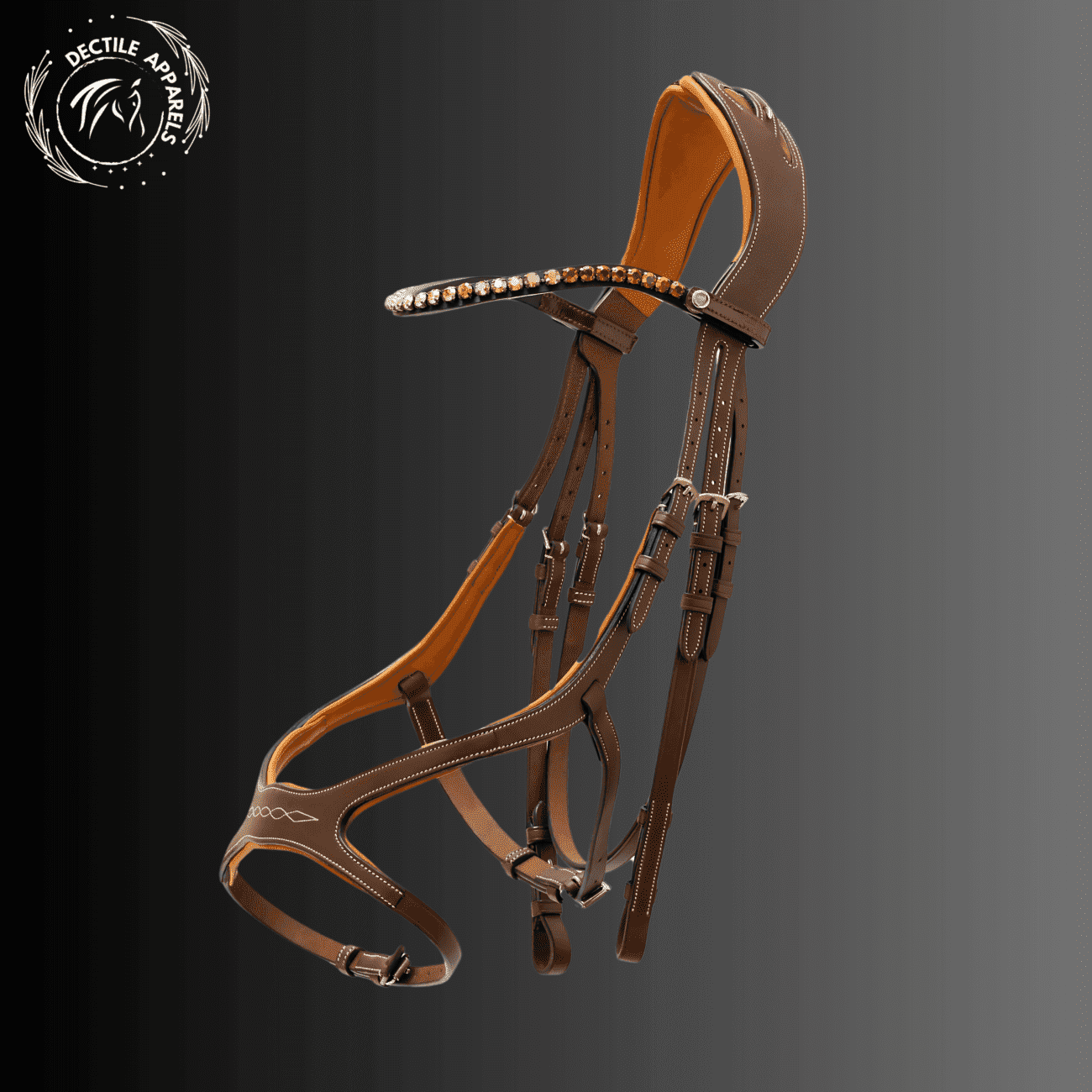 Brown leather horse bridle with contrasting light padding